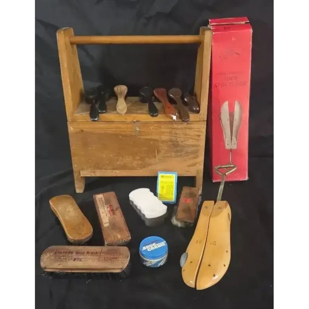 Vintage Wooden Shoe Shine Box, Stretcher & Care Accessories Lot